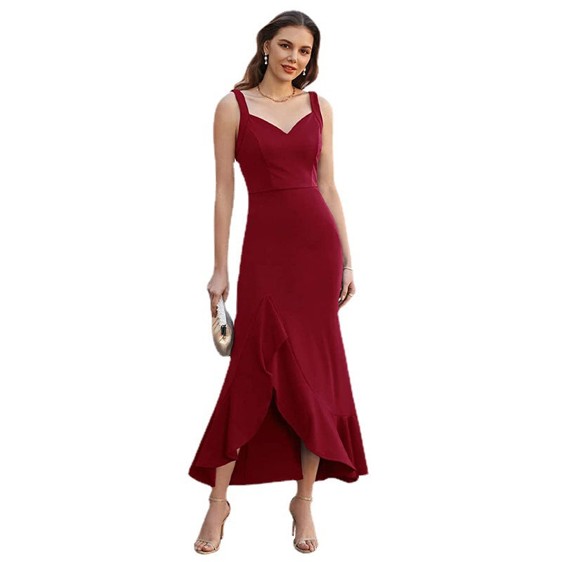 Damen elegantes Maxikleid mit raffinierter Rüschendetails und tiefem Schlitz R&B