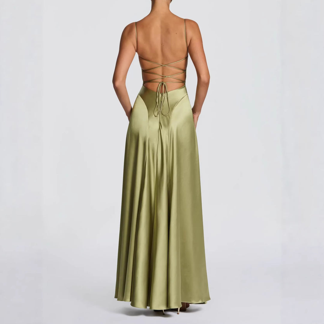Damen Elegantes Maxi-Kleid mit fließendem Satin und verführerischem Spaghettiträger R&B