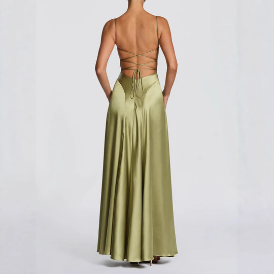 Damen Elegantes Maxi-Kleid mit fließendem Satin und verführerischem Spaghettiträger R&B