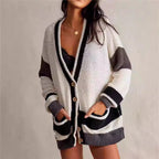 Damen lässiger Strickcardigan mit großen Taschen und stilvollen Kontraststreifen R&B