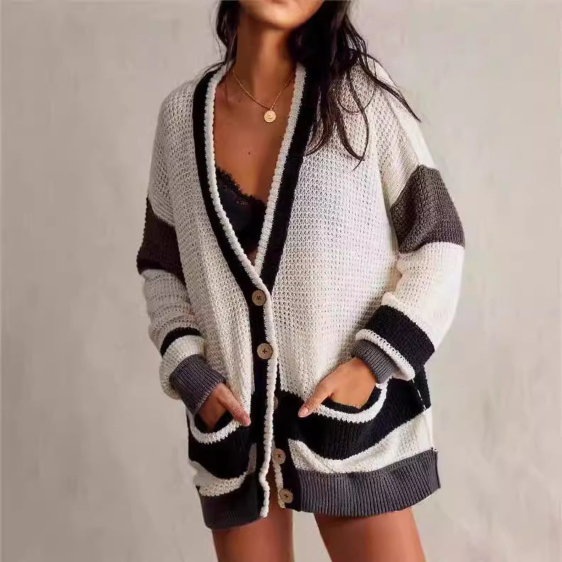 Damen lässiger Strickcardigan mit großen Taschen und stilvollen Kontraststreifen R&B