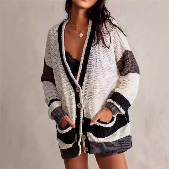 Damen lässiger Strickcardigan mit großen Taschen und stilvollen Kontraststreifen R&B