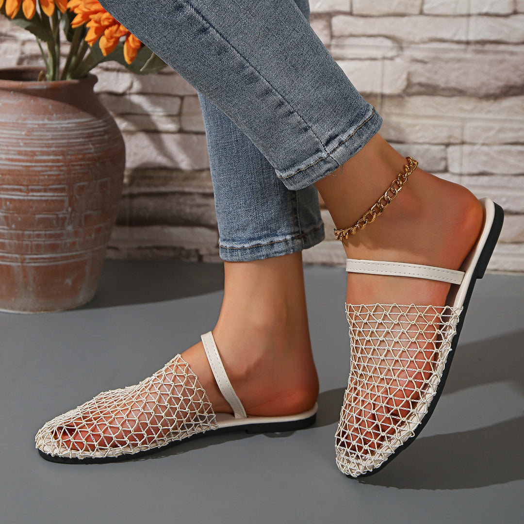 Damen Mesh-Pantoletten mit angenähtem Riemen und rutschfester Sohle R&B