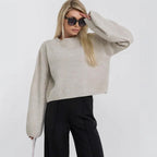 Damen cropped Strickpullover mit voluminösen Ärmeln und Rundhalsausschnitt R&B