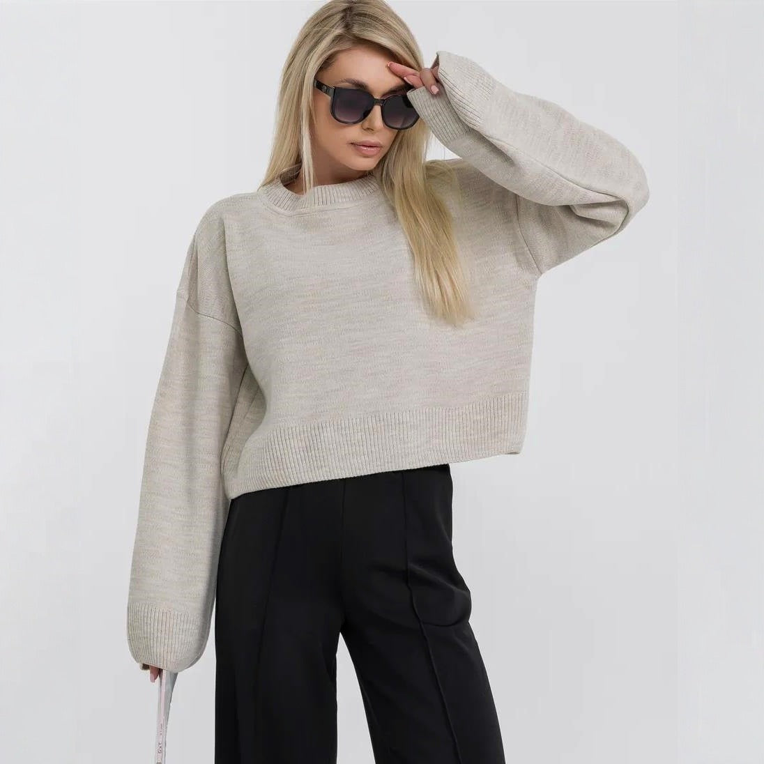 Damen cropped Strickpullover mit voluminösen Ärmeln und Rundhalsausschnitt R&B