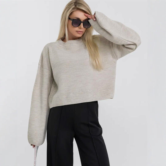 Damen cropped Strickpullover mit voluminösen Ärmeln und Rundhalsausschnitt R&B