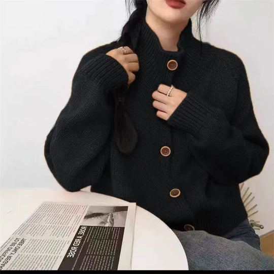 Damen kuscheliger Hochkragen-Cardigan mit Knopfdetails R&B