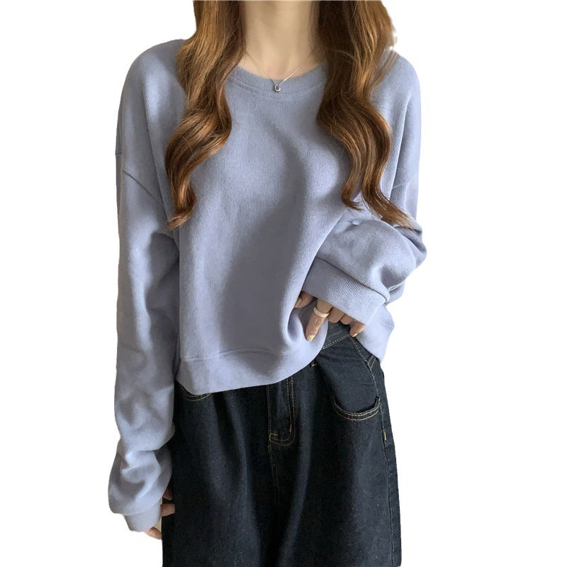 Damen lässiger cropped Pullover aus weichem Baumwollmix mit modischem Rundhalsausschnitt