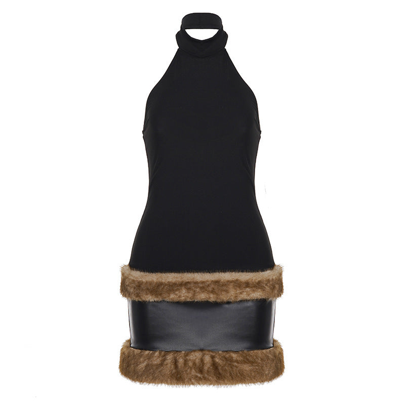 Damen modisches Halterkleid mit luxuriösem Kunstfellsaum R&B