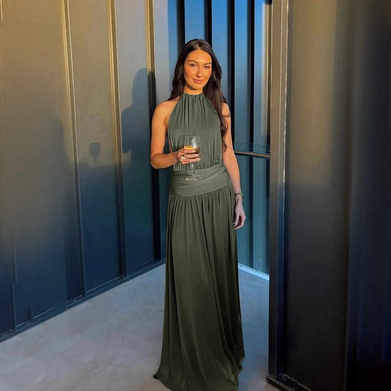Damen elegantes Maxikleid mit hochwertigem Halterneck-Design und fließendem Stoff R&B