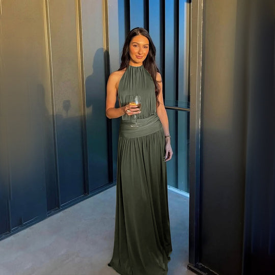 Damen elegantes Maxikleid mit hochwertigem Halterneck-Design und fließendem Stoff R&B