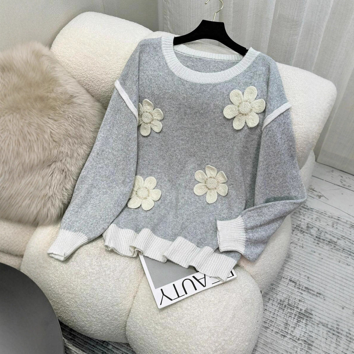 Damen Strickpullover mit floralen Applikationen R&B