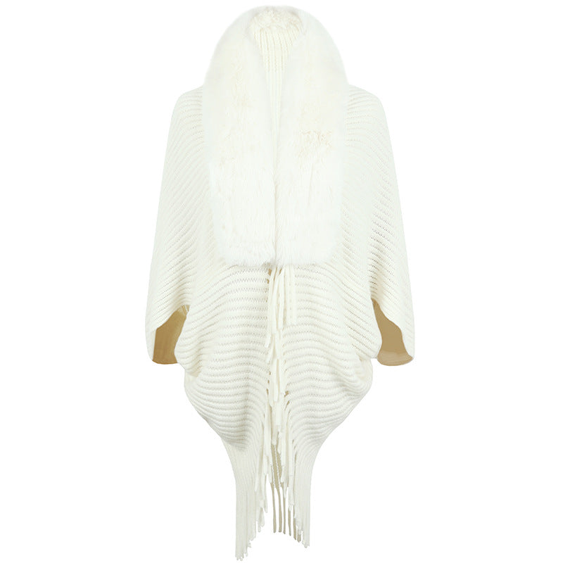Damen luxuriöser Strickponcho mit elegantem Kunstfellkragen und Fransen R&B