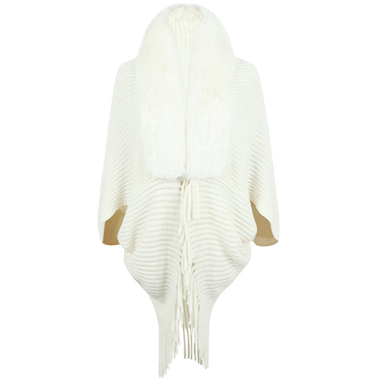 Damen luxuriöser Strickponcho mit elegantem Kunstfellkragen und Fransen R&B