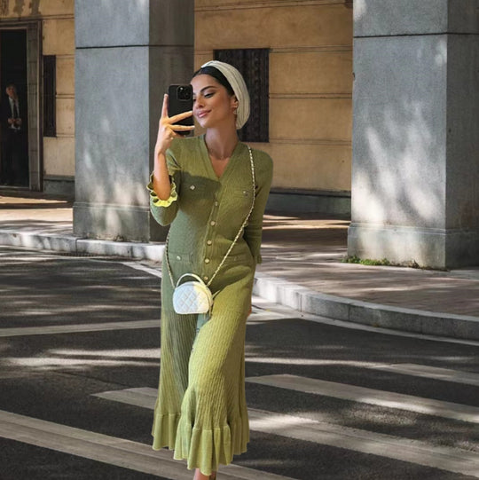 Damen Strickmaxikleid mit Knopfleiste und modischem V-Ausschnitt R&B