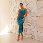 Damen Figurbetontes Maxikleid mit ästhetischem Blumendesign und Schlitzdetails EB