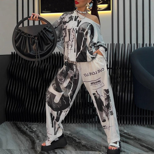 Damen nan zweiteiliges weites Satin-Freizeit-Set mit schulterfreiem Fledermaus-Top und Palazzohose R&B