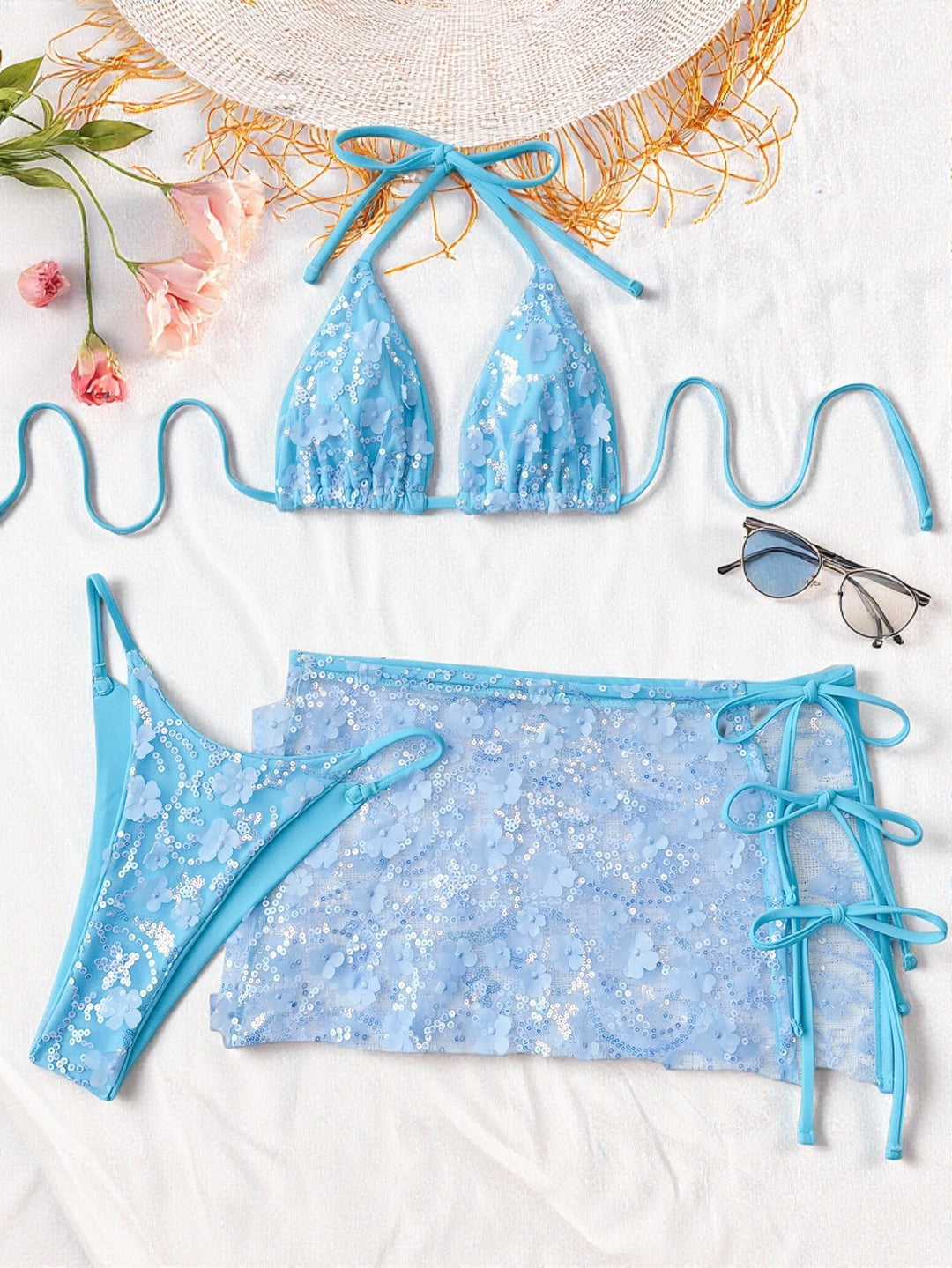 Damen Blumenmuster Triangel-Bikini mit transparentem Überrock R&B