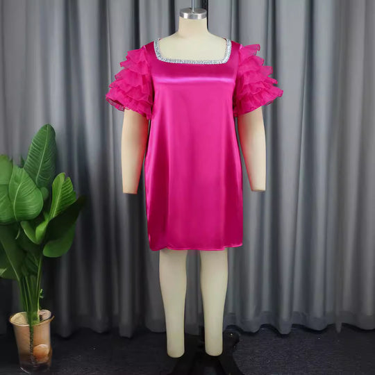 Damen festliches Minikleid mit voluminösen Rüschensäumen und glitzerndem Ausschnitt R&B