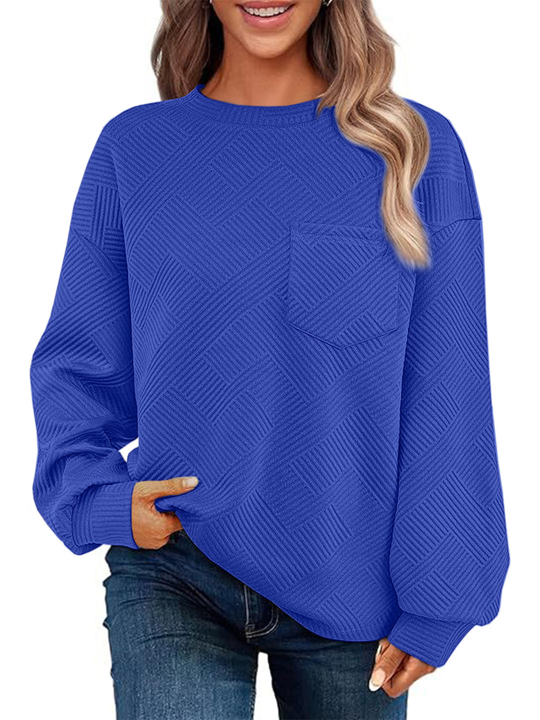Damen Lässiger Pullover mit strukturiertem Muster und praktischen Taschen R&B