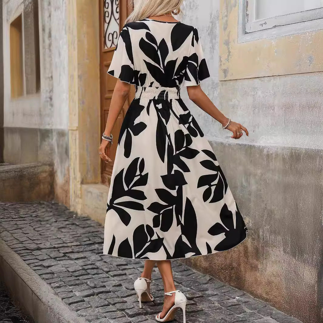 Damen Wickelkleid mit V-Ausschnitt und elastischem Taillenbund R&B