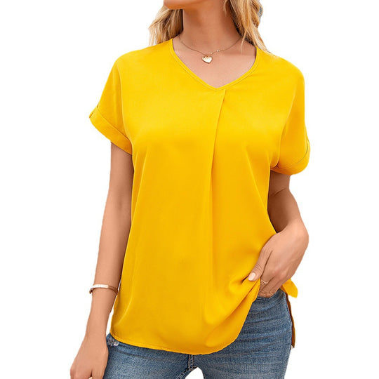 Damen elegantes V-Ausschnitt Bluse mit Falten und seitlichen Schlitzen R&B