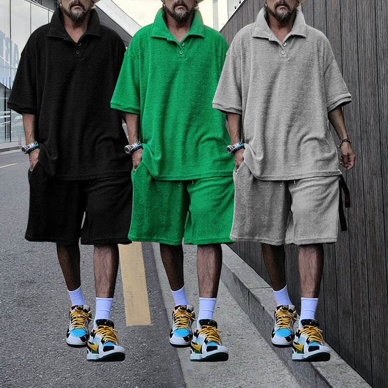 Herren nan urbanes weites Freizeit-Set mit Henley-Kragen, verlängertem weit geschnittenem Shirt und knielangen Jersey-Shorts R&B