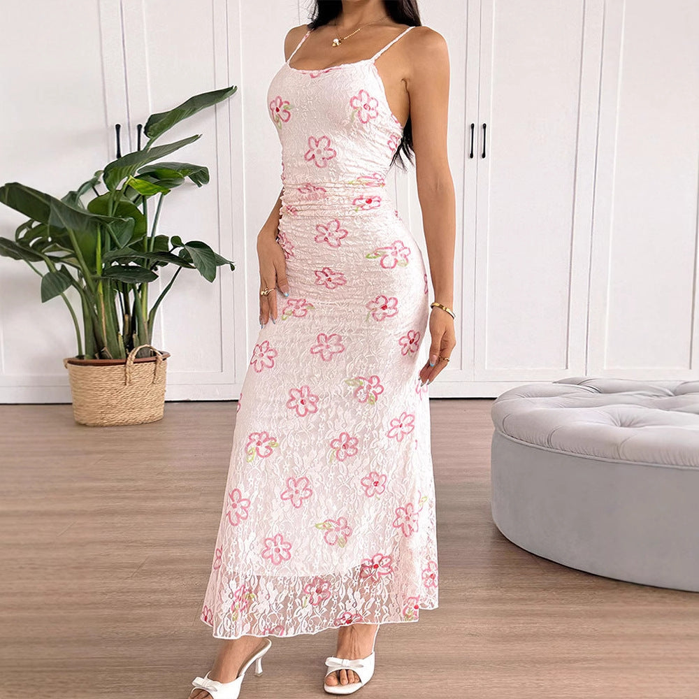 Damen Maxikleid mit floralem Spitzenmuster und verstellbaren Trägern R&B