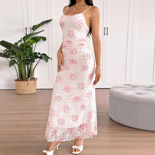 Damen Maxikleid mit floralem Spitzenmuster und verstellbaren Trägern R&B
