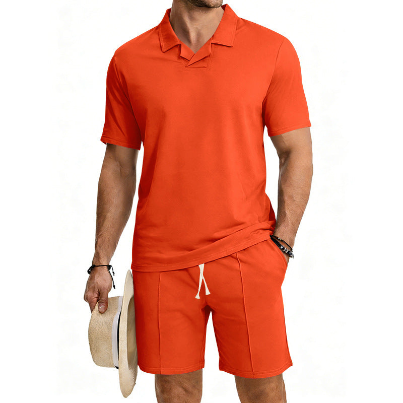 Herren nan kurzärmeliges Polo-Lounge-Set mit V-Einsatz am Kragen und Kordelzug-Bermuda R&B