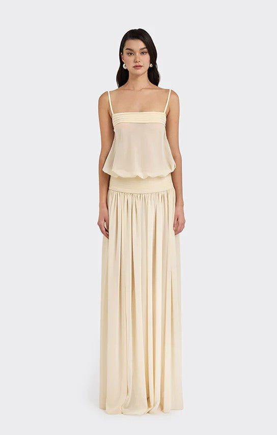 Damen Maxi-Kleid mit fließendem Chiffon-Oberteil und elastischem Bund R&B
