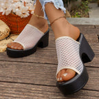Damen Plateausandalen mit Netz-Obermaterial und robustem Blockabsatz