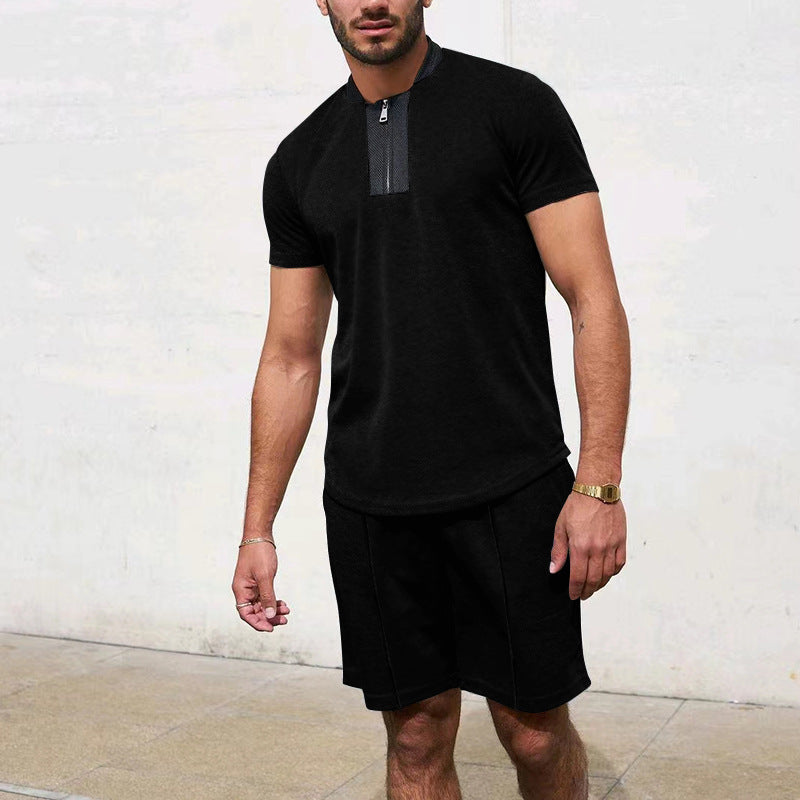 Herren Sportliches Kurzarm-T-Shirt mit Reißverschluss und Joggingshorts R&B