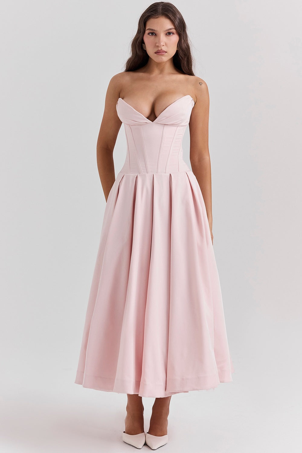 Damen nan trägerloses Korsett-Midikleid mit vorgeformter Miederkonstruktion und ausgestelltem Tellerrock R&B