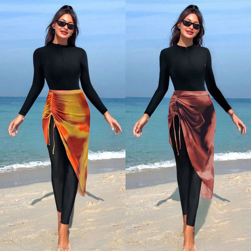 Damen Kombinierter Langarm-Schwimmanzug mit asymmetrischem Rock R&B