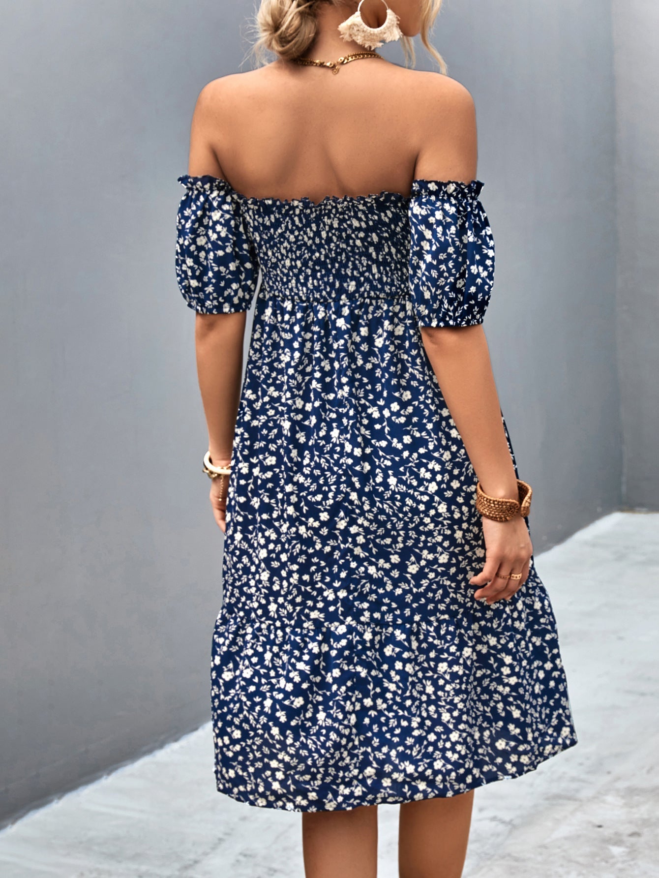 Damen Off-Shoulder Freizeitkleid mit eleganten Puffärmeln und floralen Mustern R&B