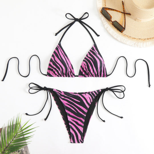 Damen Triangel-Bikini mit verstellbaren Bindebändern und aufregendem Zebra-Print R&B