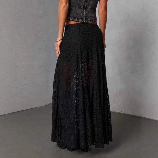 Damen Eleganter Spitzenmaxirock mit fließendem Fall und transparenten Details R&B