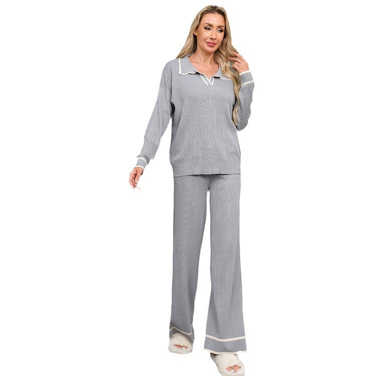 Damen modisches Strick-Loungewear-Set mit schickem Kragen und breiten Beinen R&B