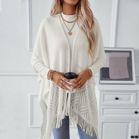 Damen eleganter Strickponcho mit fransigen Details und markantem Muster R&B