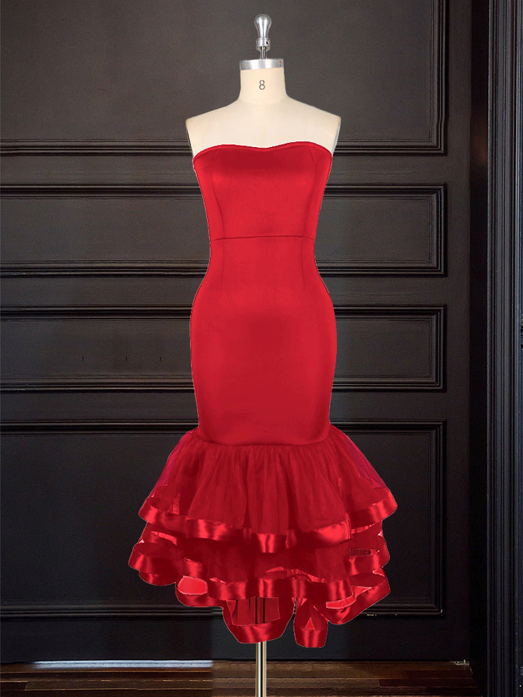 Damen Strapless Kleid mit voluminösem Rüschenrock R&B