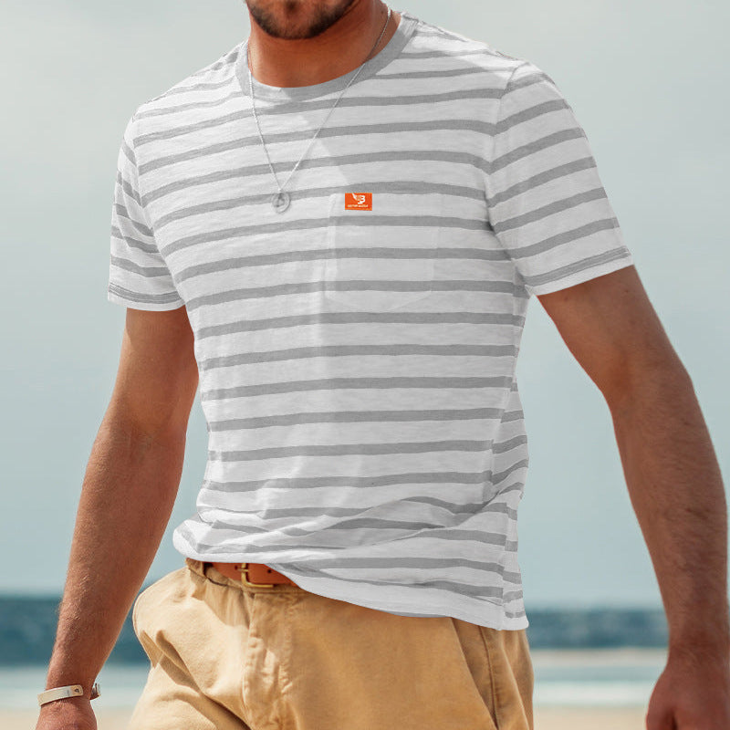 Herren Kurzarm T-Shirt mit maritimem Streifenmuster und praktischer Brusttasche R&B