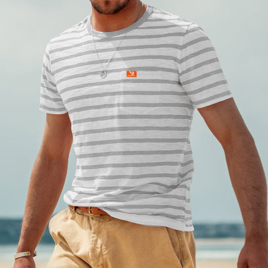Herren nan gestreiftes Kurzarm-T-Shirt aus Baumwolljersey mit Brusttasche und kontrastiertem Rundhalsausschnitt R&B