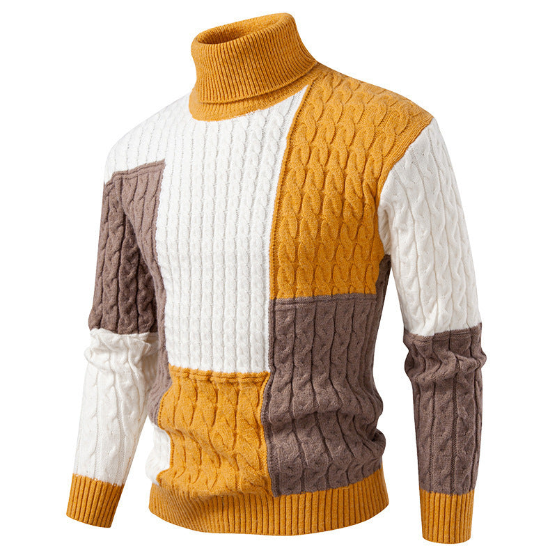 Herren hochabschließend gestrickter Pullover mit modernem Zopfmuster und attraktiven Farbblöcken R&B