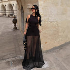 Damen Elegantes Maxi-Kleid mit transparentem Chiffon-Überwurf und figurbetontem Inneren R&B