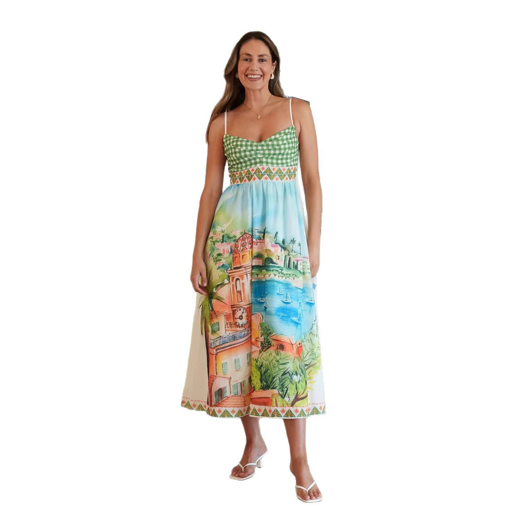 Damen Sommerliches Maxikleid mit handgezeichnetem Städte-Motiv und Kariertem Oberteil R&B