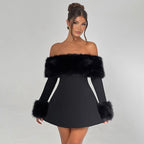 Damen Offshoulder-Kleid mit luxuriöser Futterverzierung und schwingendem Rock R&B