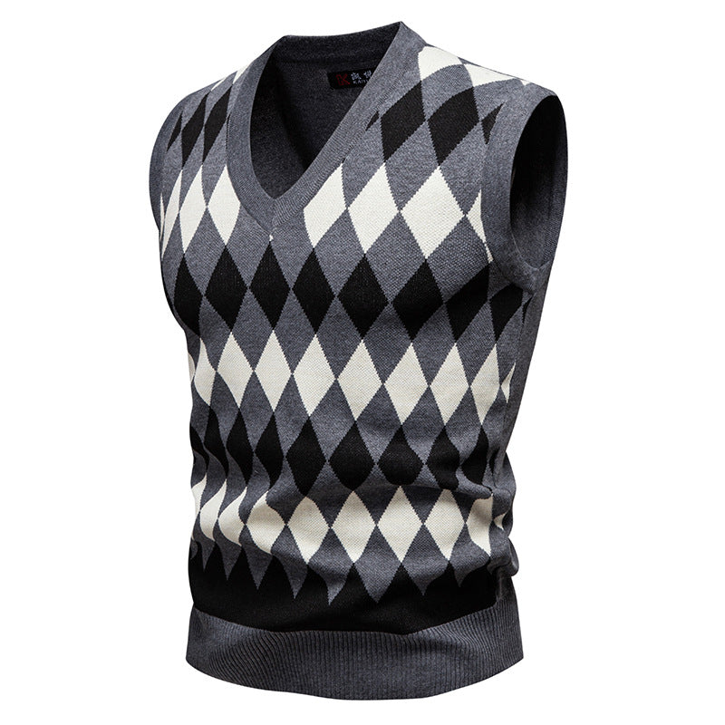 Herren ärmelloser Pullover mit rautenförmigem Muster und modernem V-Ausschnitt R&B