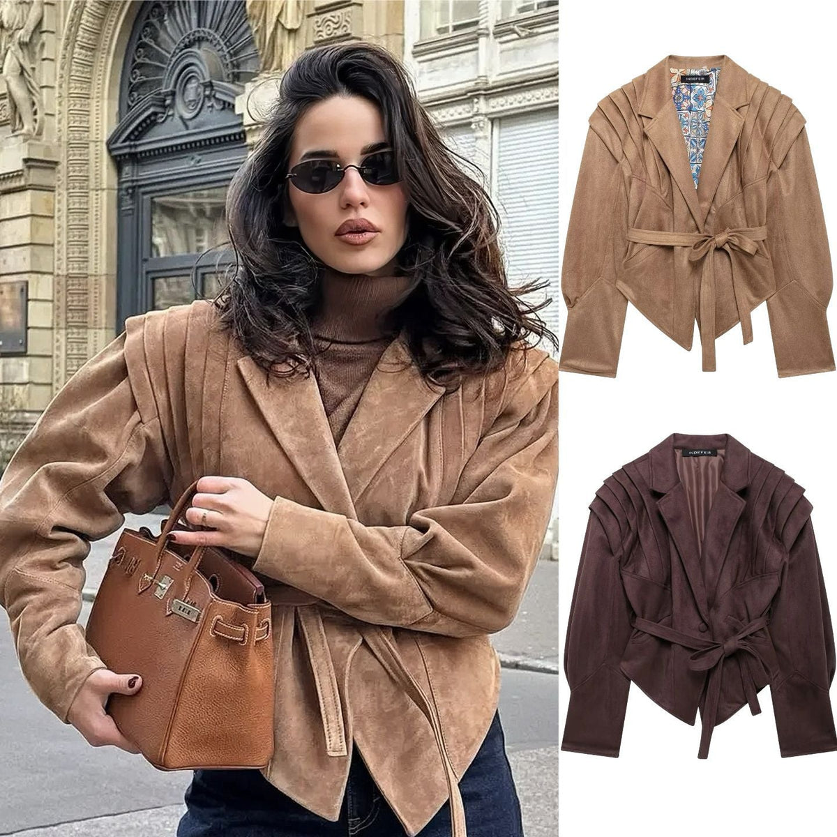 Damen nan taillierter Wildlederoptik Blazer mit Wickelgürtel und gerafften Schultern R&B