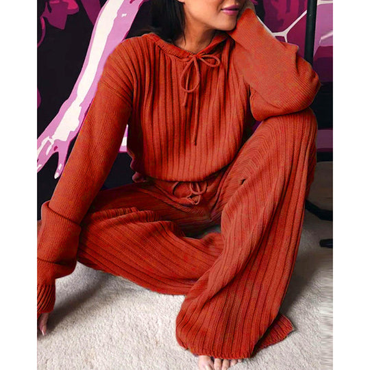 Damen Loungewear-Set mit tiefem V-Ausschnitt und breiten Hosenbeinen R&B
